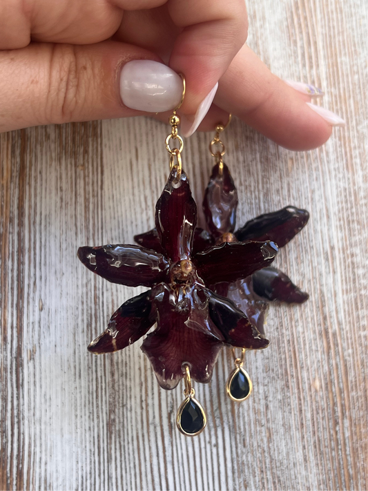 Exotic Dark Red Orchid Earring, Wire