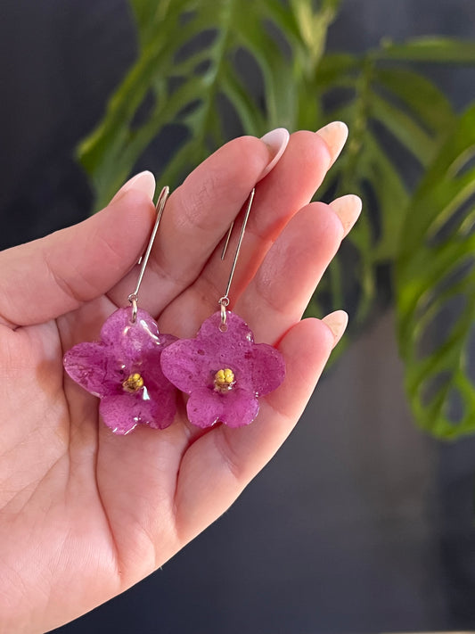 Pink African Violet, Long Wire Earring