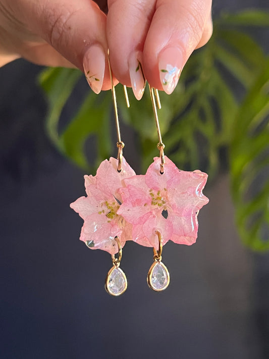 Pink Larkspur, Long Wire Earring