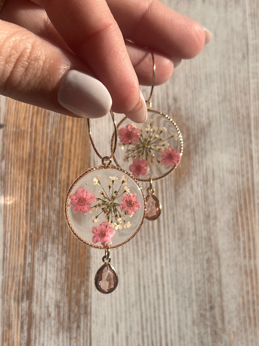 Pink Forget Me Not Flower Hoop Earring, With Charm